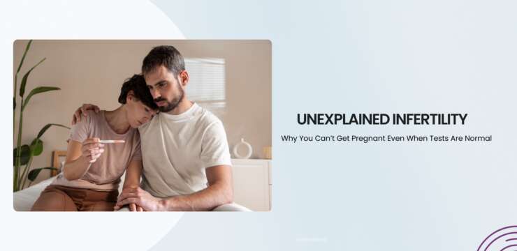 A couple sitting together with a pregnancy test, expressing concern over unexplained infertility, with a soft, comforting background.