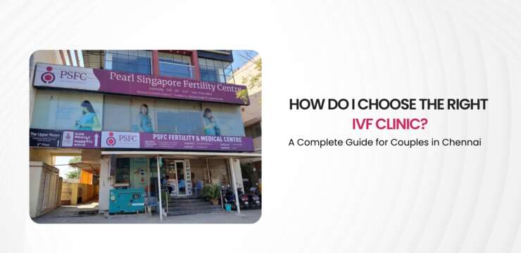 The exterior of the Pearl Singapore Fertility Centre, featuring the PSFC sign and a welcoming image of a pregnant woman on the clinic's banner.