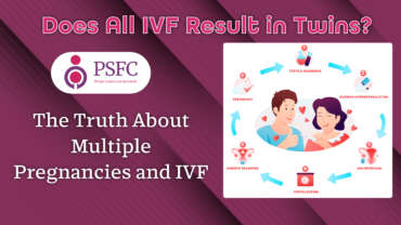An illustration showing the IVF process, from tests and diagnosis to fertilization, egg retrieval, embryo transfer, and pregnancy, with a couple in the center.